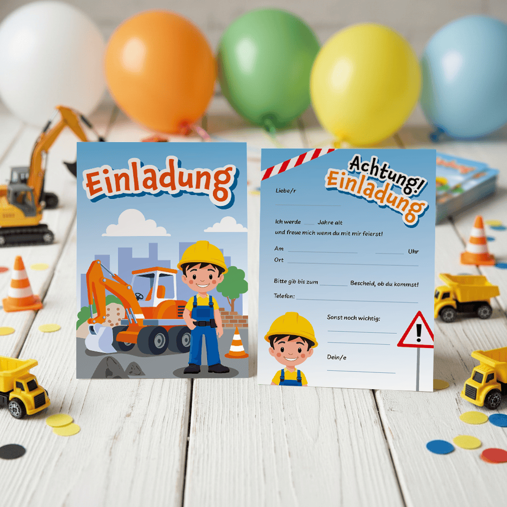 Einladungskarte mit Bagger- und Baustellenmotiv.
