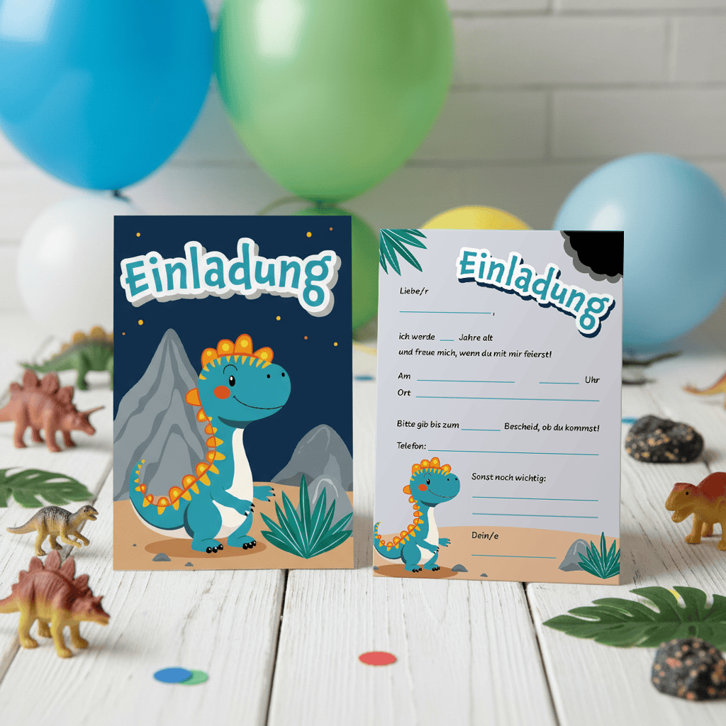 Fröhliche Geburtstagseinladungskarte mit Dinosaurier-Illustration.