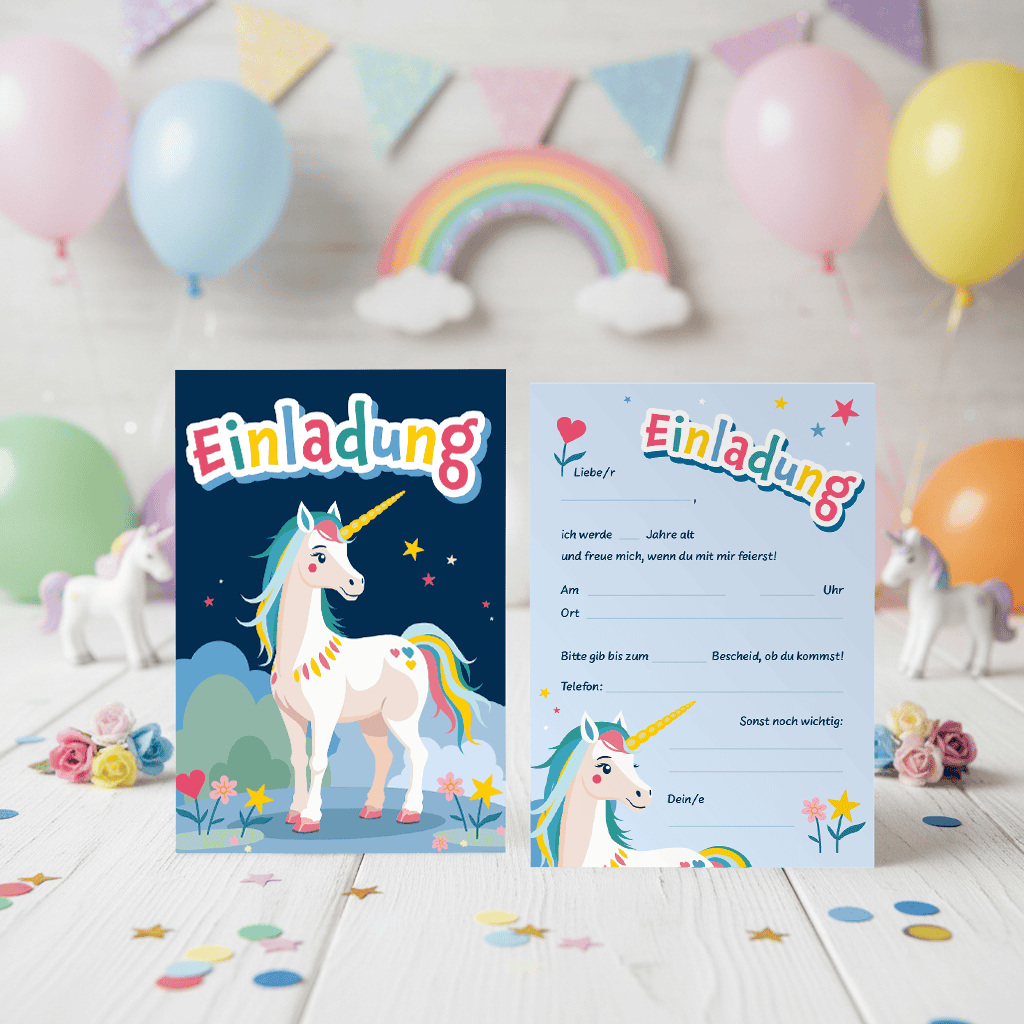 Einladungskarte mit Einhorn und märchenhaftem Design.
