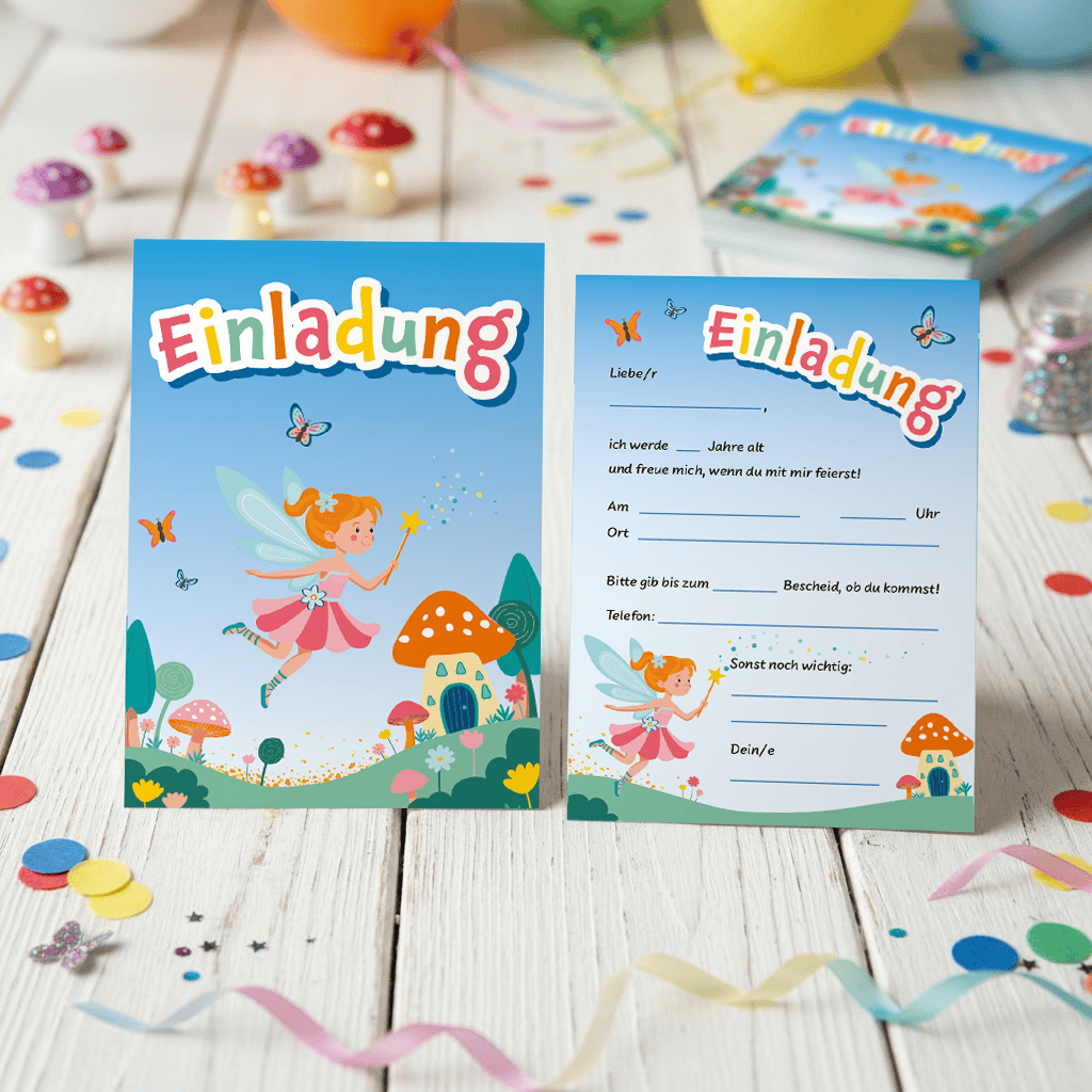 Einladungskarte mit Feenmotiv und glitzernder Zauberwelt.