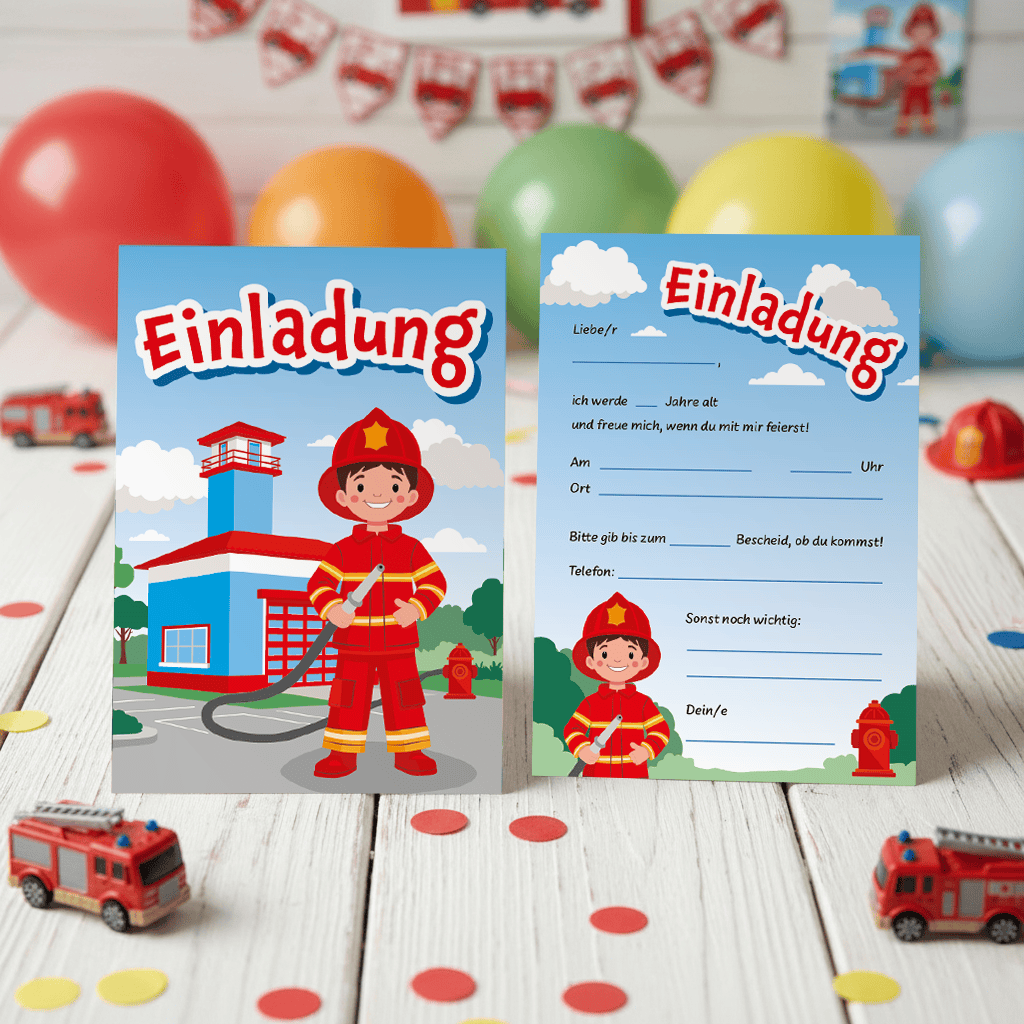 Einladungskarte mit Feuerwehrauto und Feuerwehrmann-Motiv.