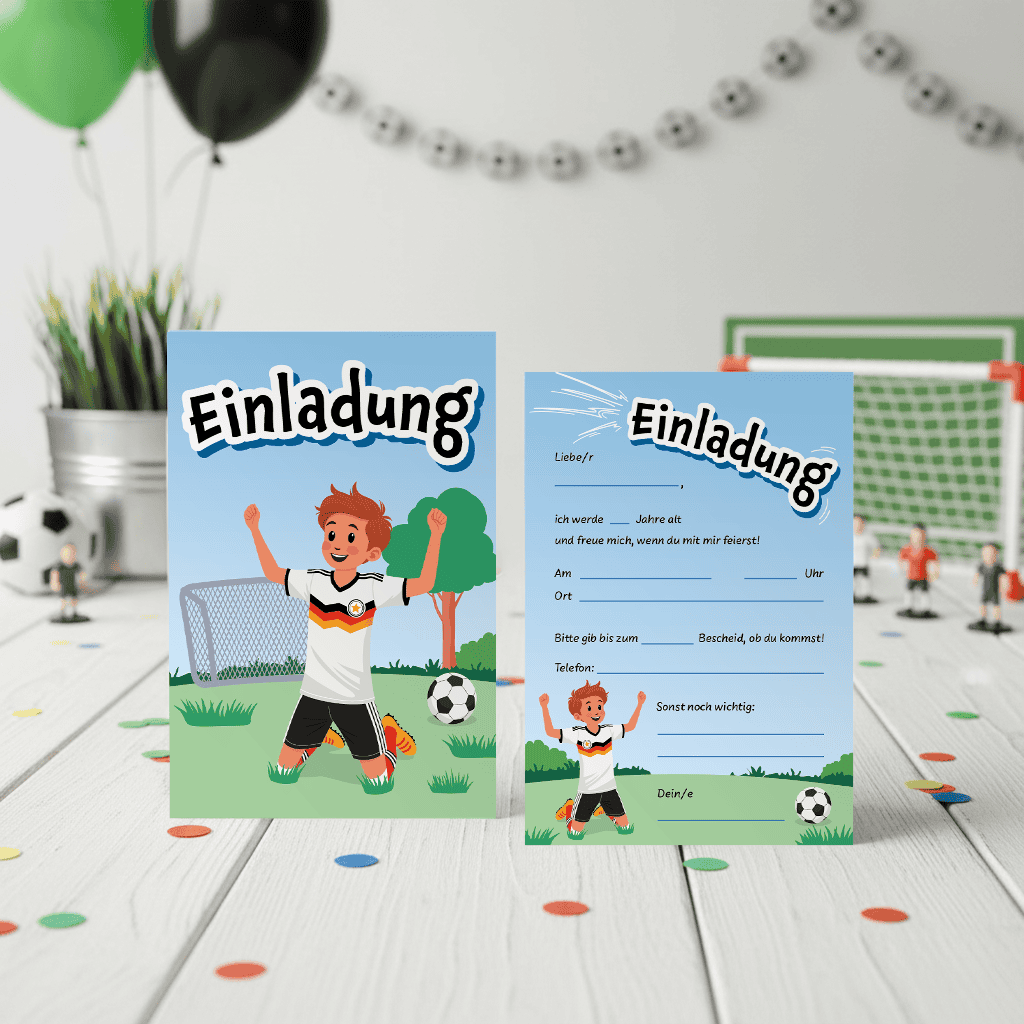 Kindergeburtstagskarte mit Fußballmotiv und sportlichem Design.
