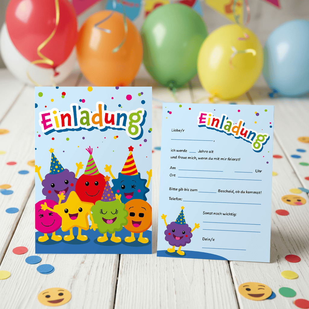 Einladungskarte mit buntem Kinderdesign und Farbkonfetti.