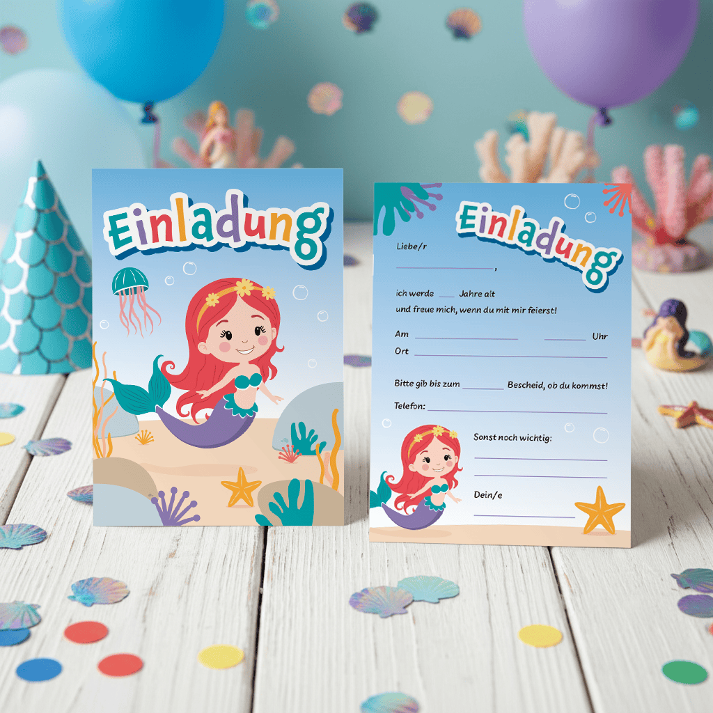 Einladungskarte mit Meerjungfrau und Unterwasser-Motiv.