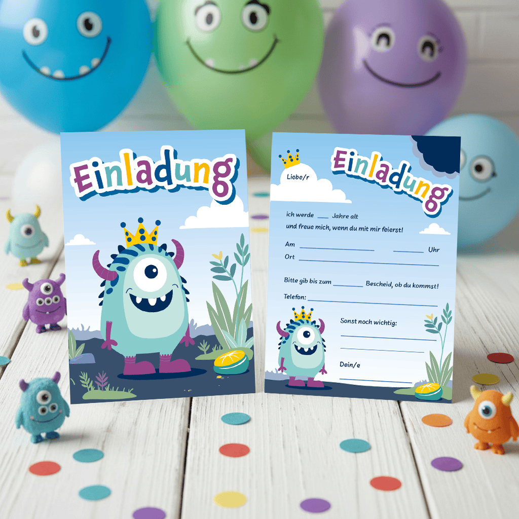 Bunte Einladungskarte mit lustigem Monster-Motiv.