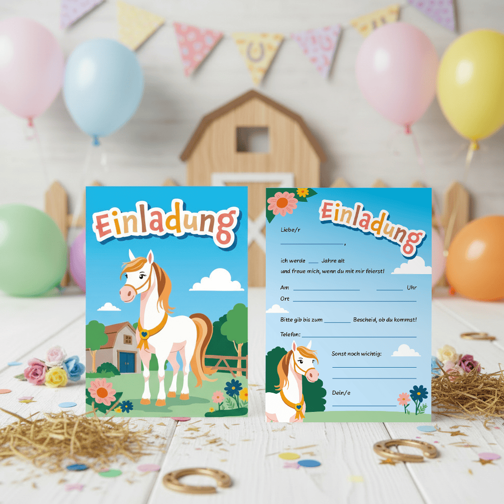 Geburtstagseinladung mit Pferdemotiv für kleine Reitfans.