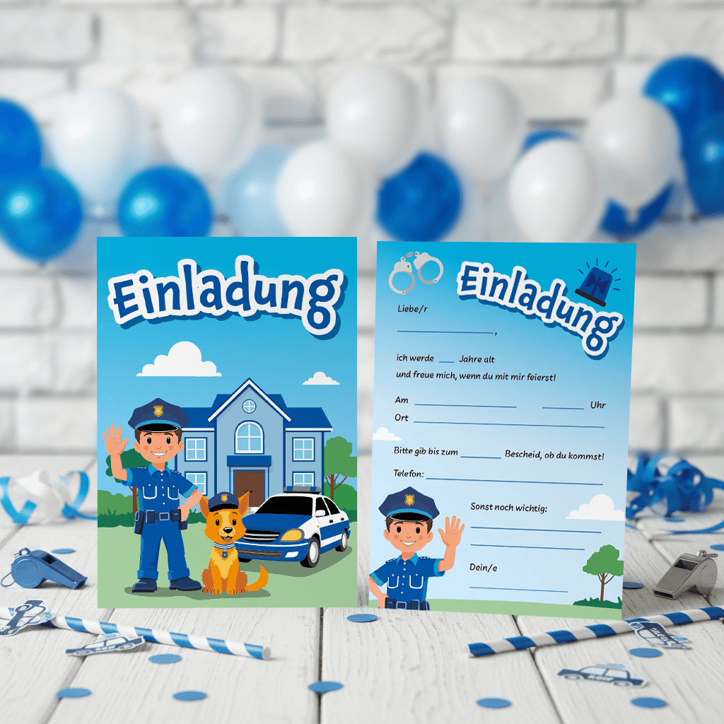 Kindergeburtstagskarte mit Polizeiauto und Blaulicht.