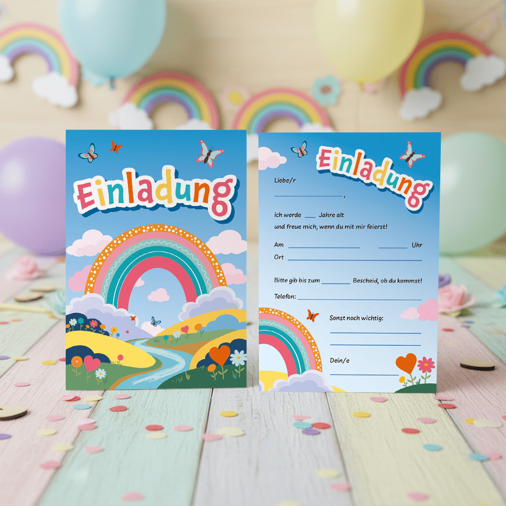 Einladungskarte mit Regenbogen und Schmetterlingen für den Kindergeburtstag.