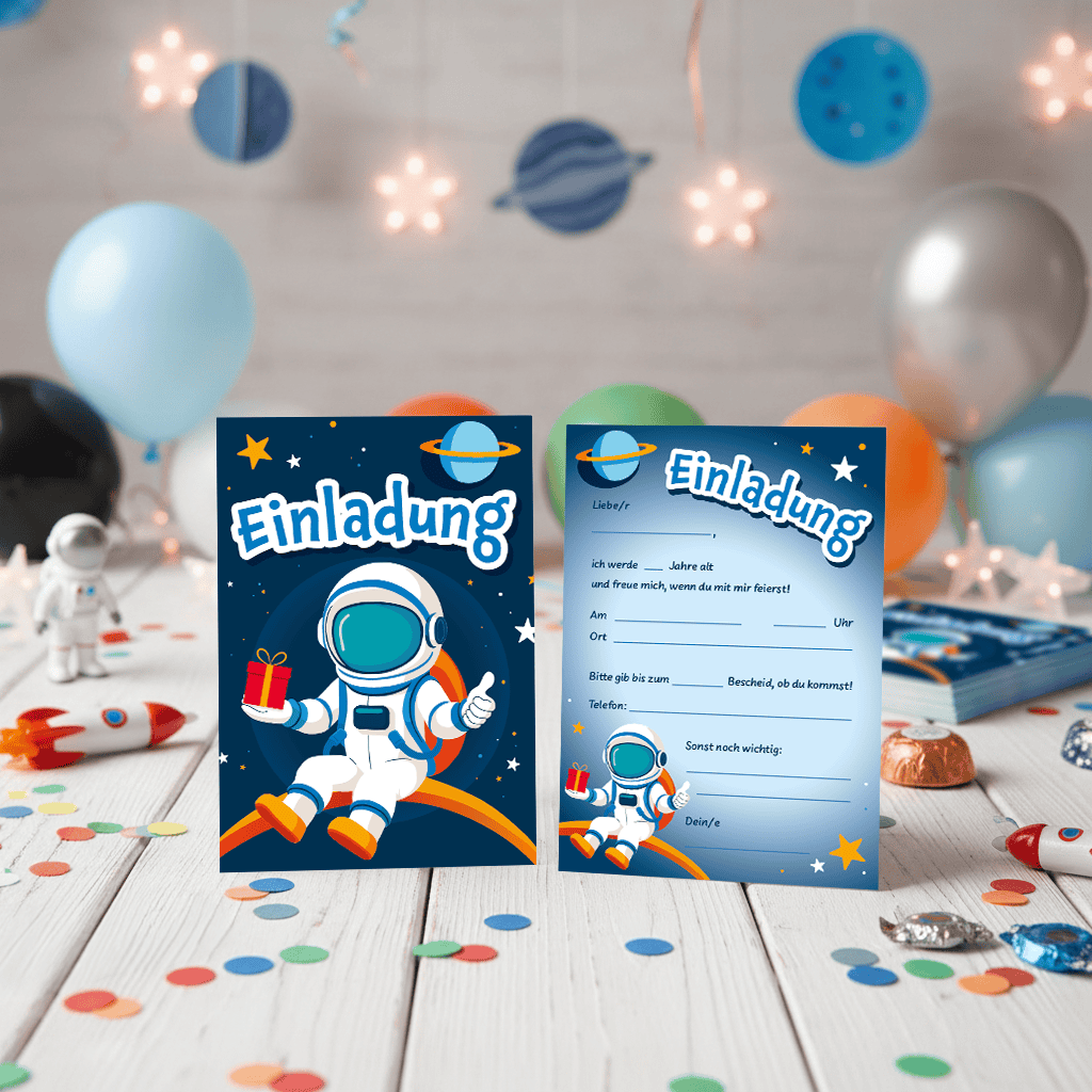 Kindergeburtstagskarte mit Astronaut- und Weltallmotiv.