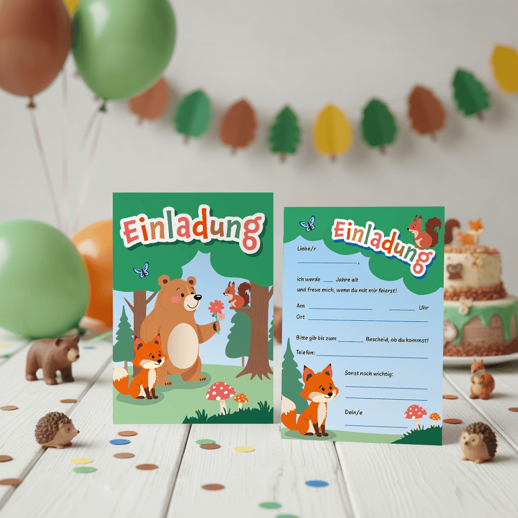 Einladungskarte mit Bär. Fuchs und Eichhörnchen Waldmotiv.